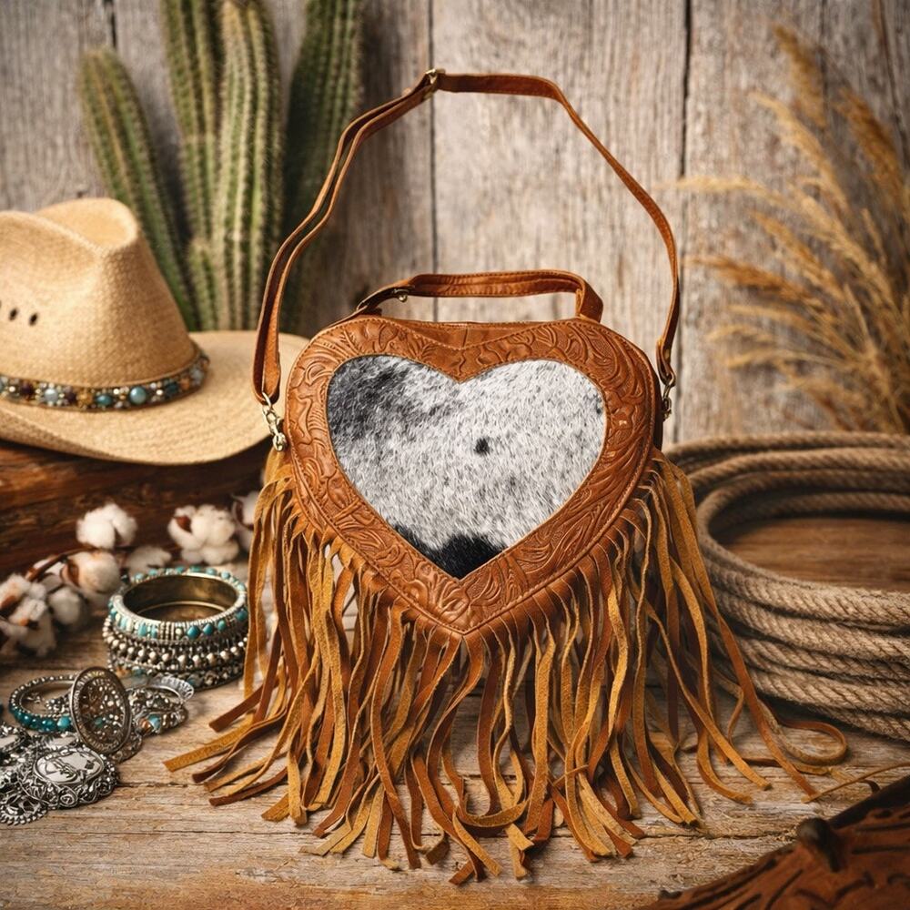 NEW Western Cowhide Heart Fringe Crossbody Bag Boho Rodeo Festival Statement